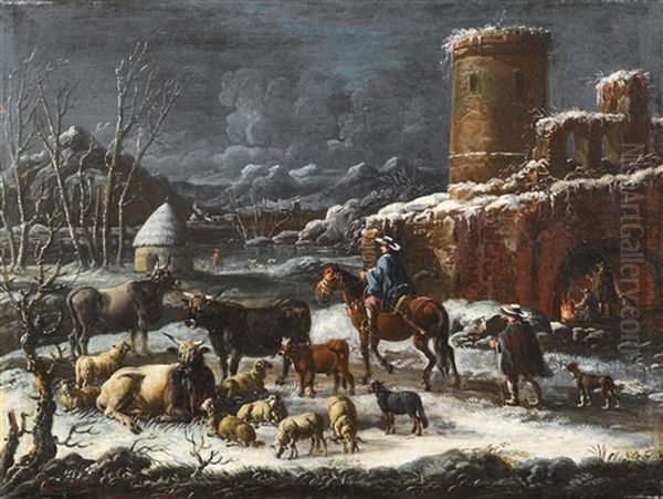 Eine Herde Und Reiter In Einer Winterlandschaft Nahe Einem Dorf Oil Painting by Cajetan Roos