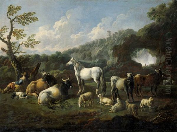Pastorale Szene Mit Hirtem Und Seiner Tierherde In Italienischer Landschaft An Einem Wasserfall Oil Painting by Cajetan Roos