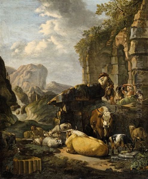 Southern Landscape With Herdsmen And Cattle Oil Painting by Johann Heinrich Roos