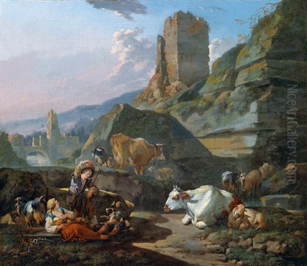 Eine Hirtenfamilie Mit Ihrer Herde Vor Einer Gebirgskulisse Oil Painting by Johann Heinrich Roos