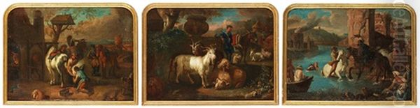 Pastorala Landskap Med Figurer Och Djur (3 Works) Oil Painting by Johann Heinrich Roos
