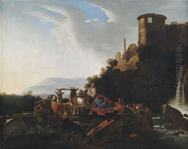 Hirten Und Tiere Vor Flusslandschaft Mit Ruinen Oil Painting by Johann Heinrich Roos