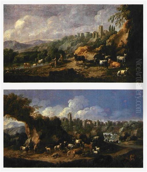 Paesaggio Italiano Con Armenti (+ Another; 2 Works) Oil Painting by Johann Heinrich Roos