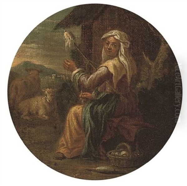 A Landscape With A Woman Spinning Wool (+ A Landscape With A Cobbler; Pair) Oil Painting by Johann Heinrich Roos