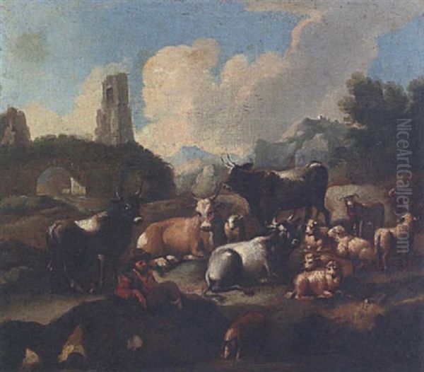 Hirte Mit Kuhen Und Schafen In Ruinenlandschaft Oil Painting by Johann Heinrich Roos