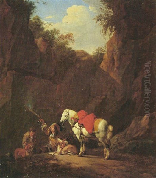 A Huntsman Firing A Pistol In A Rocky Landscape, Along With His Horse, Hounds And Attendant Oil Painting by Johann Heinrich Roos