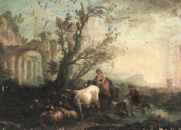 Italianate Landscape With Ruins And Animals Oil Painting by Johann Heinrich Roos