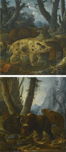Wild Boars In A Wooded Landscape; And Bears In A Wooded Landscape Oil Painting by Johann Melchior Roos