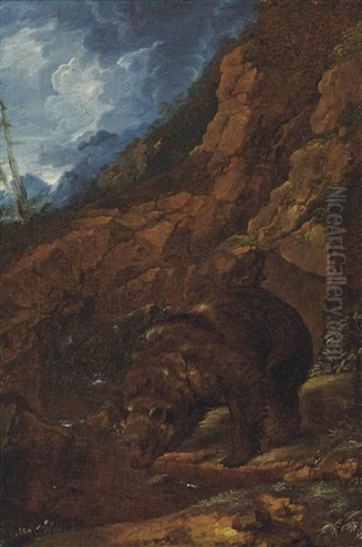 A Wooded Rocky Landscape With A Bear At A Watering Hole Oil Painting by Johann Melchior Roos
