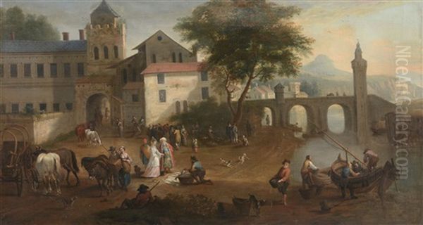 A Market Scene With A Gentleman In Turkish Dress And His Wife Buying Fish, With A Town Beyond Oil Painting by Joseph Roos