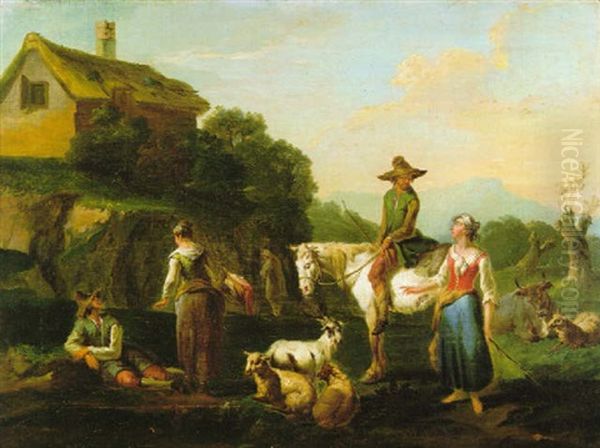 Paisaje Con Campesinos Y Cabras Oil Painting by Joseph Roos