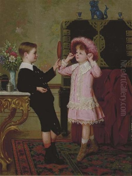 Two Children Playing Dress Up Oil Painting by Albert Roosenboom
