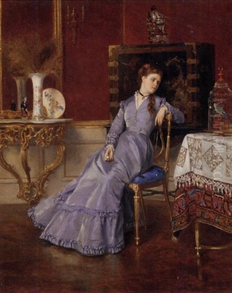 A Young Beauty In A Parlor Oil Painting by Albert Roosenboom