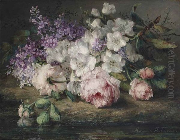 Roses, Lilacs And White Blossom Branches Oil Painting by Margaretha Roosenboom