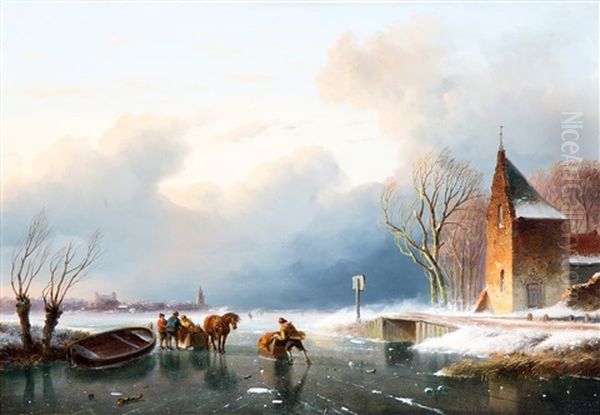 Schaatsers En Sledes Op Het Ijs Bij Een Kapelletje Oil Painting by Nicolaas Johannes Roosenboom