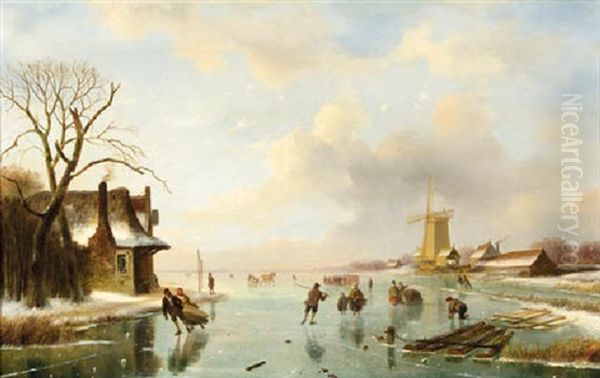 Skaters On A Frozen River By A Sawmill Oil Painting by Nicolaas Johannes Roosenboom