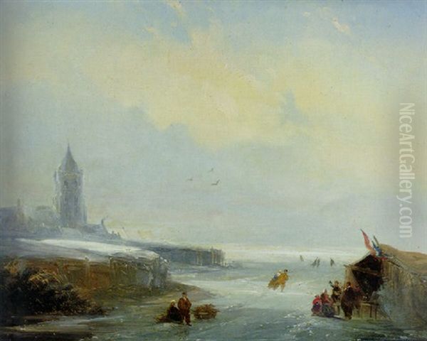 Skaters Reposing At A Koeck En Zopie On A Frosen Waterway Near A City Oil Painting by Nicolaas Johannes Roosenboom