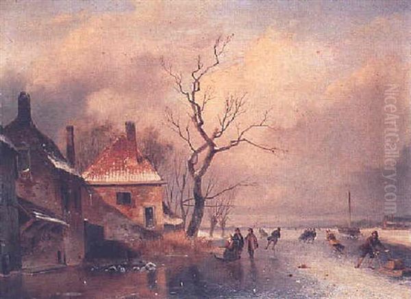 Figures Skating On A Frozen River Near A Village Oil Painting by Nicolaas Johannes Roosenboom