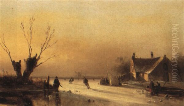 Skaters On A Frozen Lake Oil Painting by Nicolaas Johannes Roosenboom