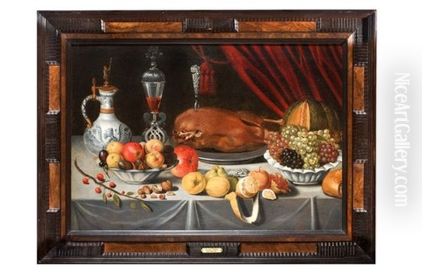 Nature Morte Au Canard Roti, Coupes De Fruits Et Verre Facon De Venise Oil Painting by Jan Albertsz Rootius