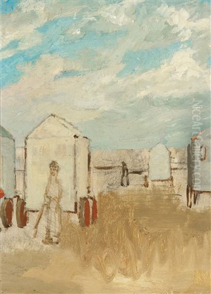 Cabines En Mer Du Nord - Badhokjes Aan De Noordzee Oil Painting by Felicien Rops