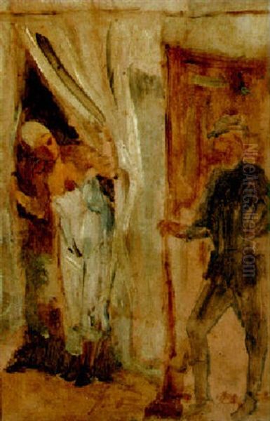 Figures In An Interior Oil Painting by Felicien Rops