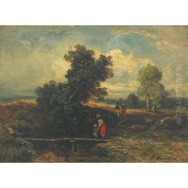 Mother And Child On A Bridge Oil Painting by Camille Joseph Etienne Roqueplan
