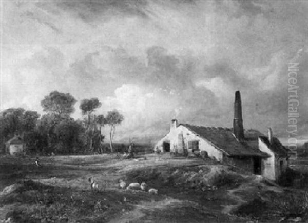 Bauerngehoft In Sommerlandschaft Oil Painting by Camille Joseph Etienne Roqueplan