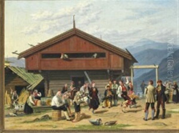 Sunday In Gulsvig In Hallingdal In Norway Oil Painting by Martinus Christian Wesseltoft Rorbye