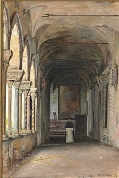 A Dominican Monk In A Colonnade In A Monastery Oil Painting by Martinus Christian Wesseltoft Rorbye