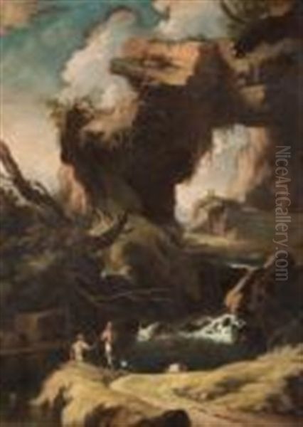 Paysage De Cascade Aux Pecheurs Oil Painting by Salvator Rosa