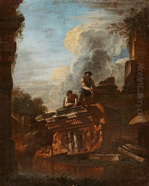Capriccio With Two Men Amid Architectural Fragments Oil Painting by Salvator Rosa