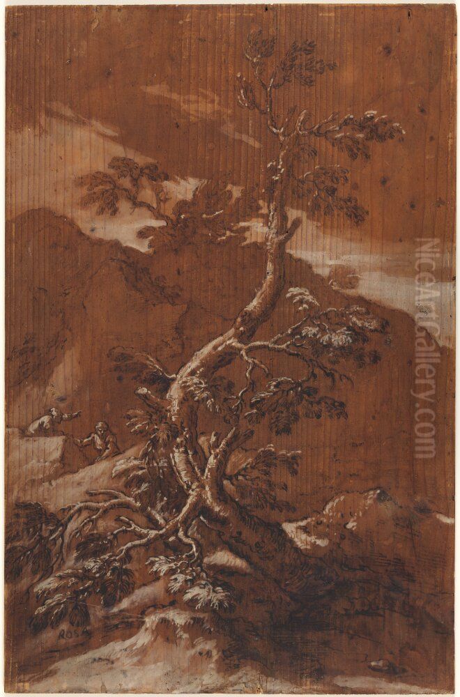 A Rocky Landscape With A Tree And Two Figures Oil Painting by Salvator Rosa