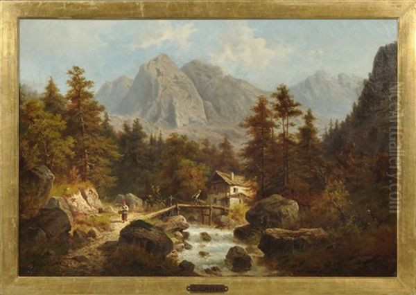 Alpenlandschaft Mit Wildbach Vor Felsmassiv. Ein Bauer Schiebt Eine Schubkarre Uber Eine Holzbrucke Oil Painting by Julius Rose