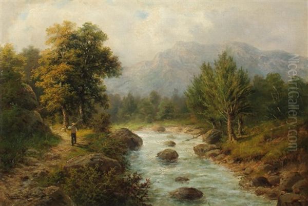 Holzsammler An Einem Fluss Im Gebirge Oil Painting by Julius Rose