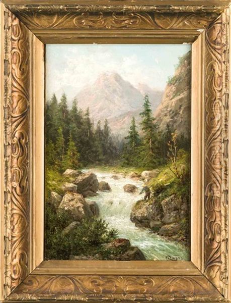 Angler Am Wildbach In Alpiner Landschaft Oil Painting by Julius Rose