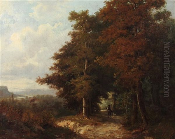 Waldlandschaft Mit Holzsammler Und Hund Oil Painting by Julius Rose