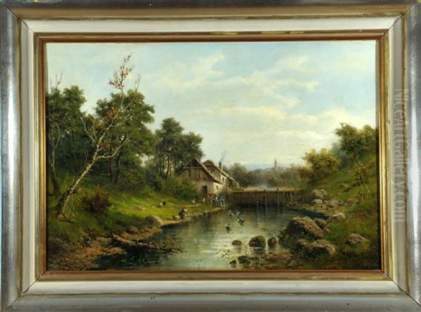 Wassermuhle Mit Wascherin Am Flussufer Oil Painting by Julius Rose