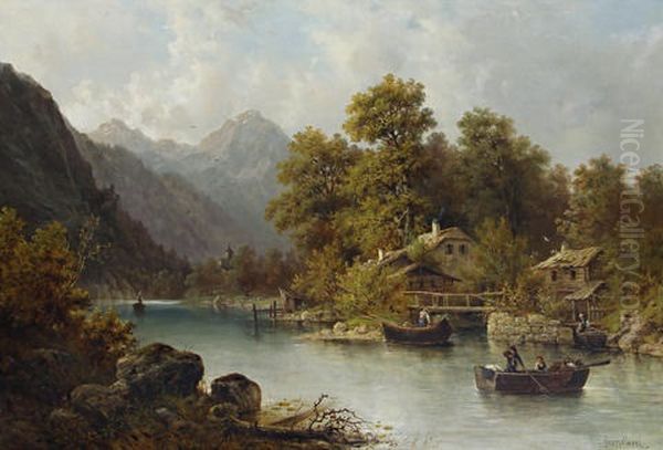 An Alpine River Scene Oil Painting by Julius Rose