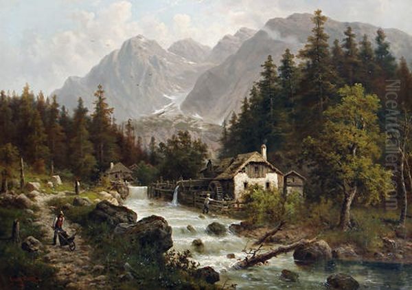 Watermill In An Alpine Landscape Oil Painting by Julius Rose