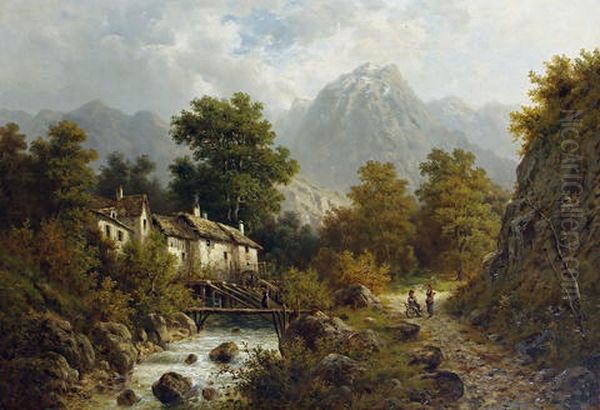 A Watermill At The Foot Of The Austrian Mountains Oil Painting by Julius Rose