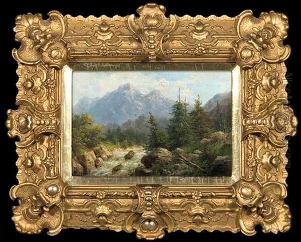 Mountain Landscape With Rushing Torrents Oil Painting by Julius Rose