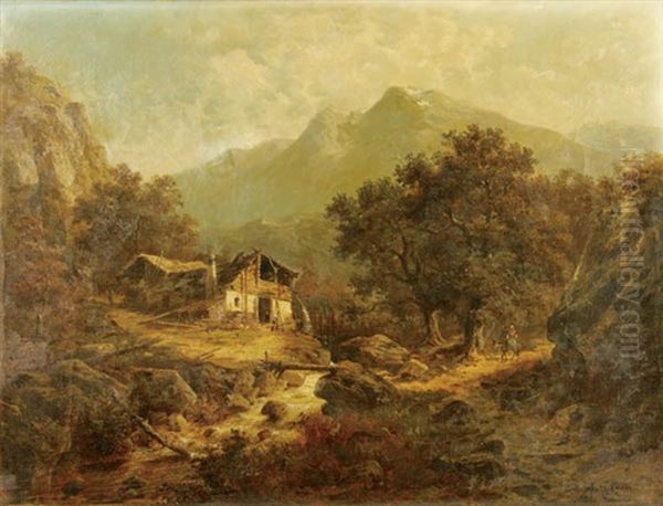 Alpine Scene With Chalet And Figures Oil Painting by Julius Rose