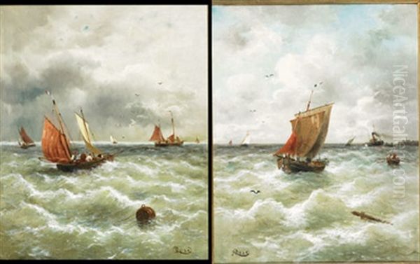 Fisherboats At The Adriatic Sea: Setting Out (+ Coming Ashore; Pair) Oil Painting by Julius Rose
