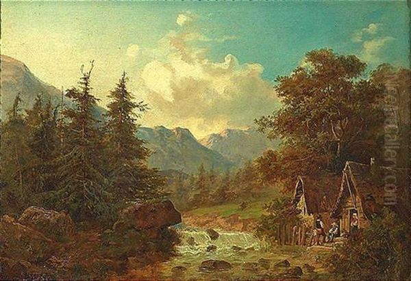 Gebirgslandschaft Mit Kleinen Bauernkaten Am Ufer Eines Baches Oil Painting by Julius Rose