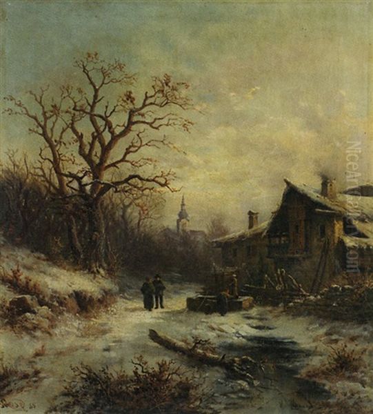 Rue De Village Animee Sous La Neige Oil Painting by Julius Rose
