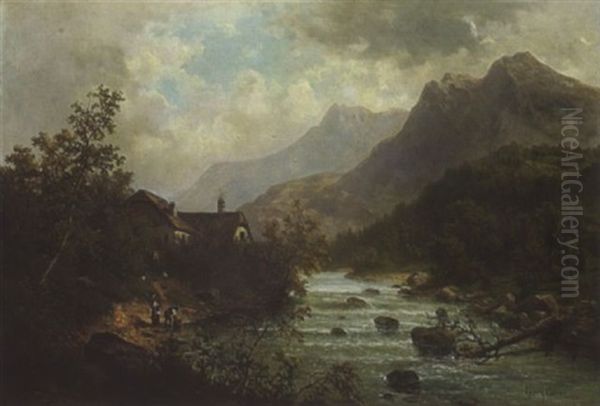Gebirgslandschaft Mit Fluss Oil Painting by Julius Rose