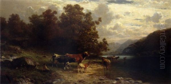 Kuhe Mit Hirten Am Seeufer Oil Painting by Julius Rose