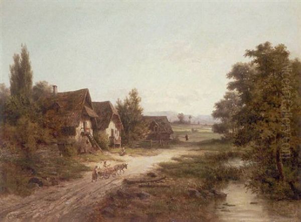Bauernhofe Und Eselsgespann Am Bach Oil Painting by Julius Rose