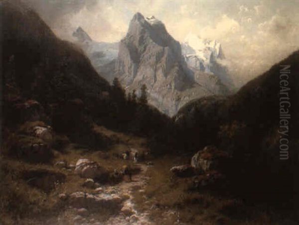 Elegant Figures On A Path Before The Well And The Wetterhorn Oil Painting by Julius Rose